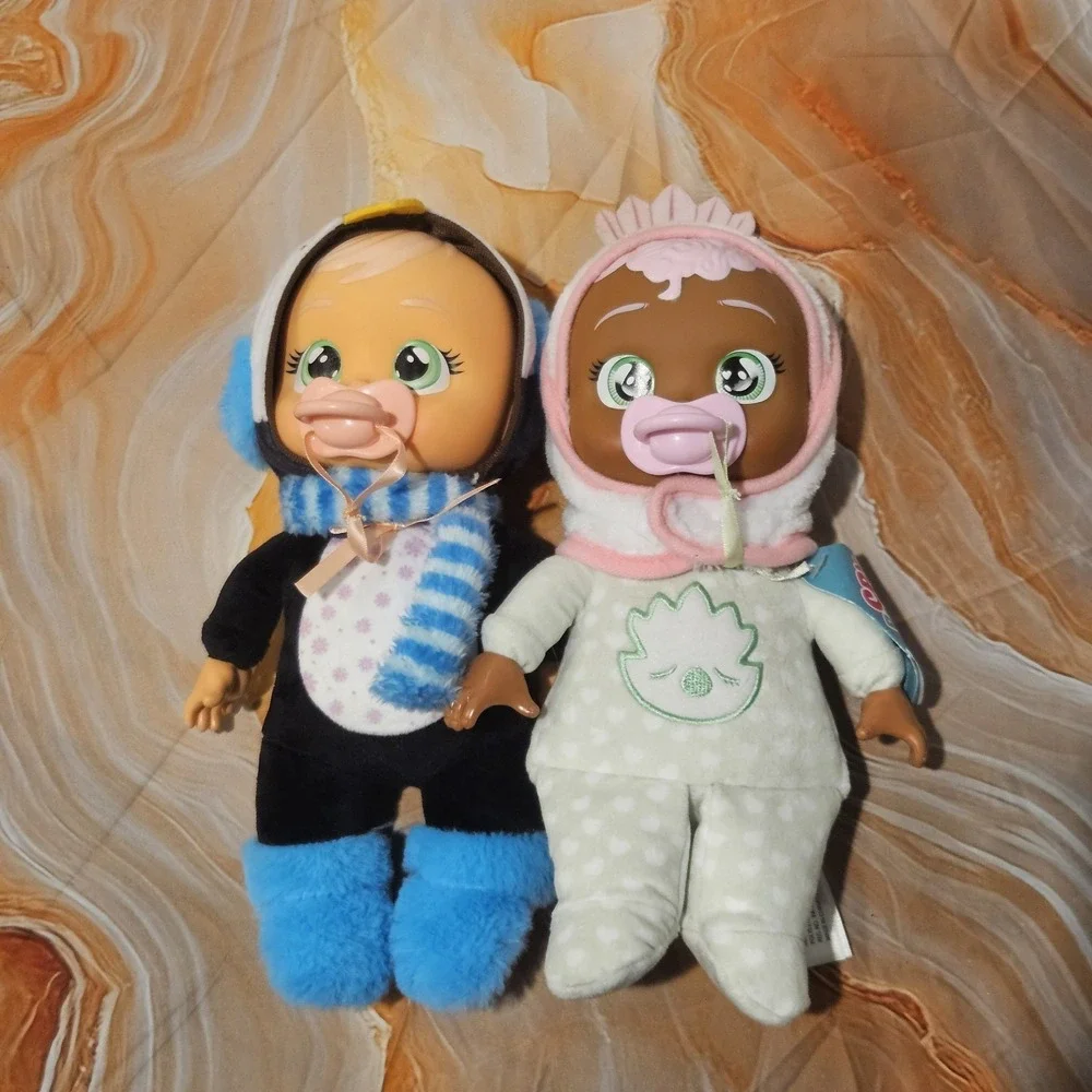 Cry Babies Tiny Cuddles Doll Lot 2 Penguin & Pink Hood Baby Dolls